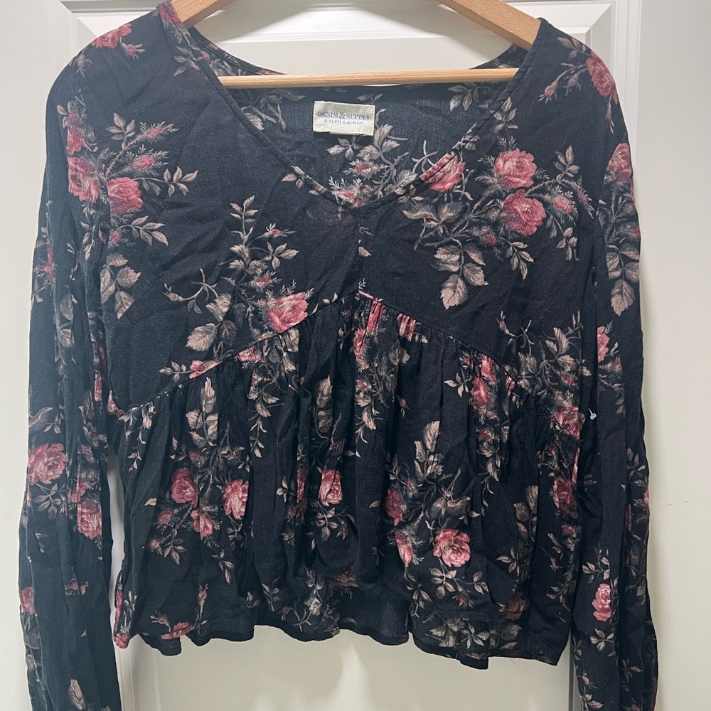 Denim & Supply Ralph Lauren Black Long Sleeve V-Neck Top with Pink Rose Print